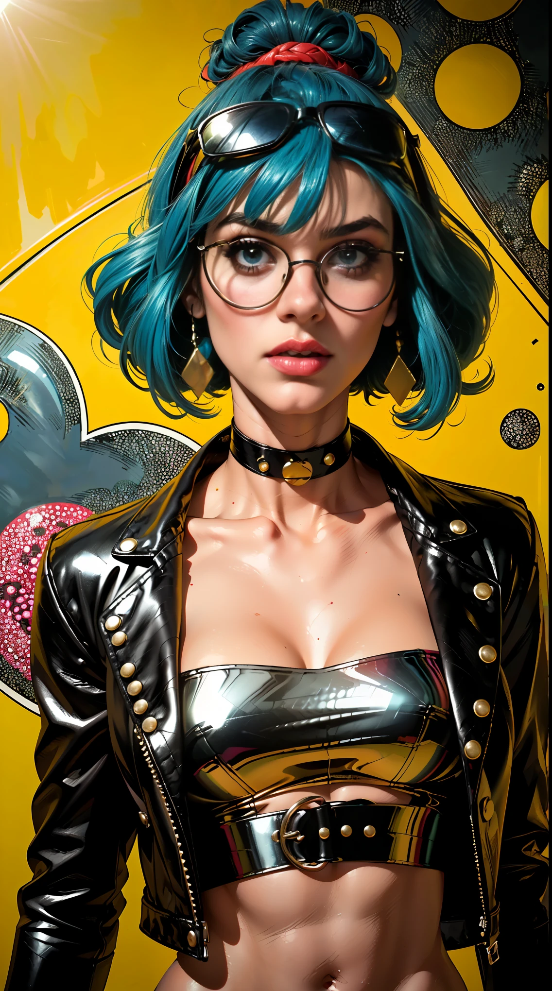 (1fille）porter un tour de cou，avec des tatouages, des lunettes de soleil, veste en cuir noir,Artiste punk psychédélique，Couleurs vives, lumière sur jante, tendance sur artstationh, Le style pop art de Yayoi Kusama, complexe, Détails élevés