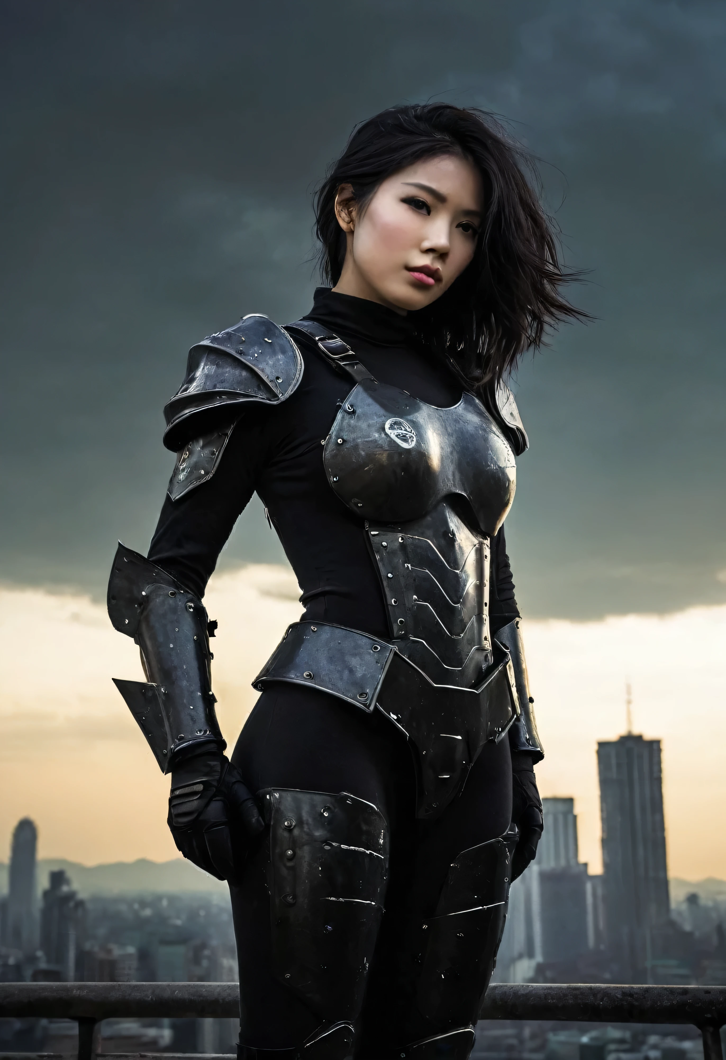 (((A very Beautiful cybrog girl wearing Pitch black Full armor))), in Dark Cyber punk theme, stand alone in the Dark City,Sky burn in background, Chaos scenes in the big city, Collapse and civil war, destruction, The backdrop of depressing sadness, Dull tone, Professional lighting, Sci-fi movies,Hollywood movies, Professional staging, Realistic images are very high., Hyperrealistic, fantasy picture, Realistic,studio lighting, flare from the sky,The air was gloomy and smoky.