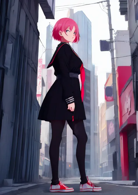 (perfect composition),anime character Sukeban delinquent girl  standing on a city street corner in black seifuku with black very...