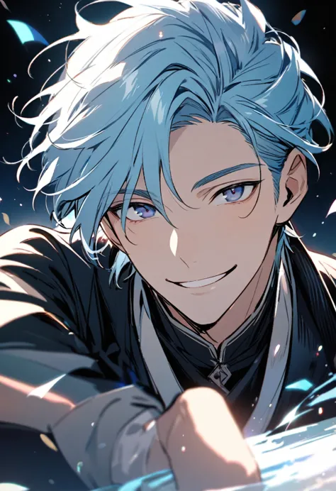 Handsome, solo, 1 male, light blue hair, dark blue eyes, 1 man, smiling 