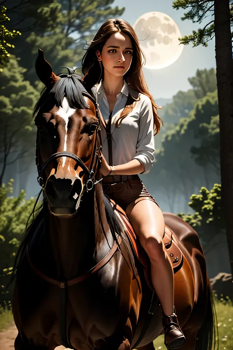 girl rides horse (best quality,highres:1.2),ultra-detailed,realistic,moonlight,lit ,dense mist,dreadfully beautiful,twisted tree...