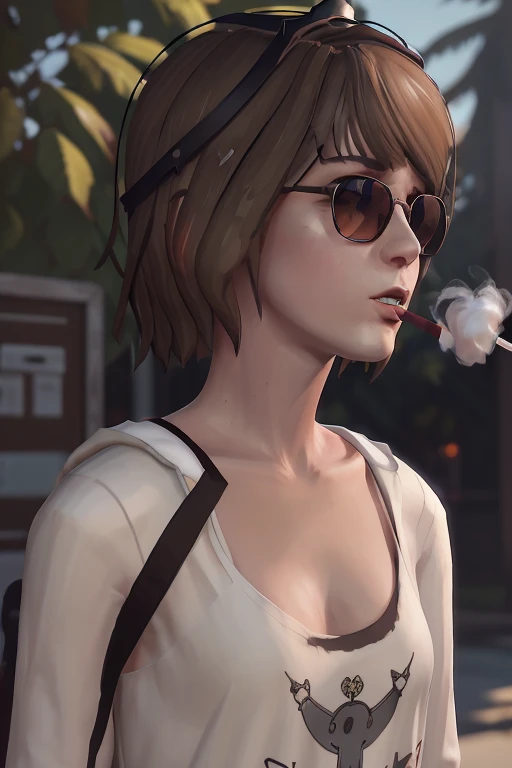 A Mr. Morale & the Big Steppers album cover type photograph shows Maxine Caulfield from Life Is Strange, wearing a white crown of thorns, Gucci square sunglasses, wearing a puffy black dress, she is smoking a cigarette, the background is brown with small hazel clouds, detailed body, detailed clothing, detailed face, natural light.