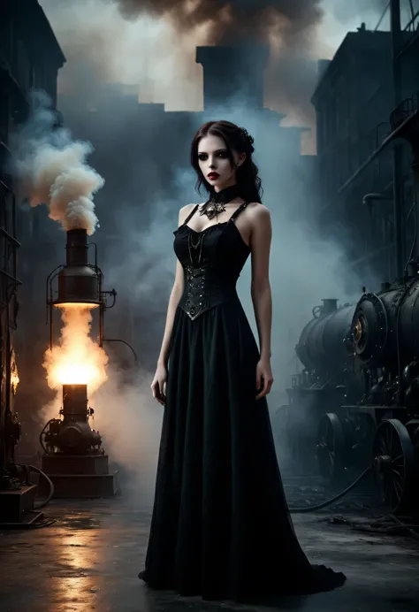 (((a very beautiful vampire girl wearing pitch black gothic long dress in steam punk theme))) stand alone in the factory ,dark a...