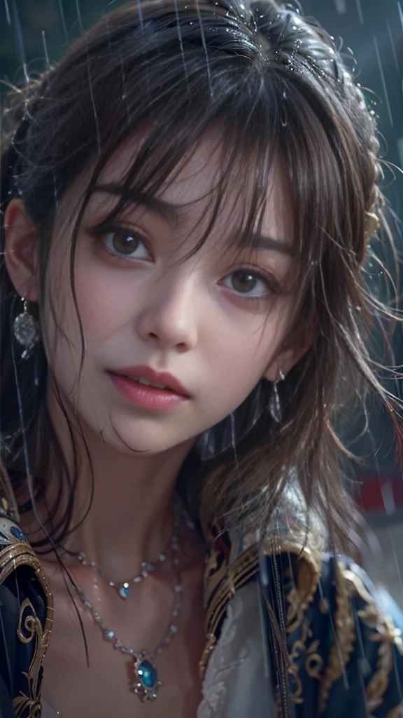 (RAW shooting, Photorealistic:1.3, 8k, highest quality, masterpiece, Ultra-high resolution), night, Expressions of sadness:0.7, (Typhoon heavy rain), Highly detailed skin and facial textures:1.2, Perfect dynamic composition:1.0, A slim high school girl wet with rain, Sexy beauty, Perfect Style, beautifully、aesthetic, Fair skin, Very beautiful face, (Rain dripping down on my body:1.2, Wet Hair:1.2, Wet casual clothes:1.2), Water droplets on the skin, Shapely breasts, Chest gap, Embarrassed smile, Her facial expression when she felt intense caressing, Facial expressions when feeling happy, (Beautiful erotic eyes, Beautiful, erotic lips), (Too erotic, Fascinating), necklace, Earrings, bracelet, Cowboy Shot, Perfect limbs, Perfect Fingers