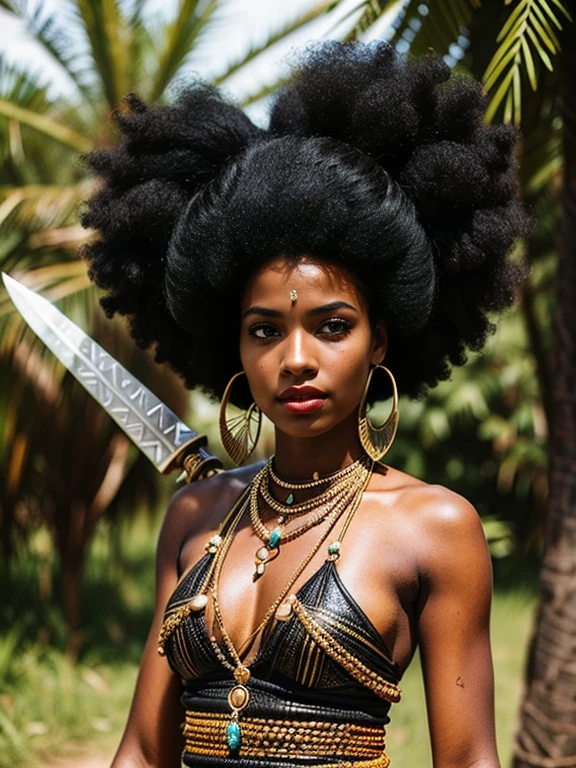 FEMME NOIRE GUERRIÈRE DE WAKANGA AVEC Lance sacrée ancestrale ((cheveux Afro)) ((BOUCLES OREILLES OR ET BIJOUX))