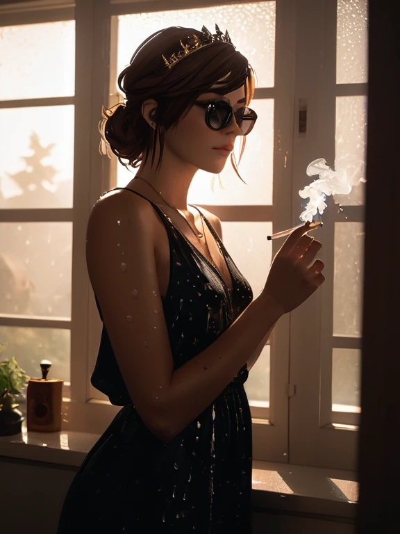 model photo of Maxine Caulfield from Life Is Strange smoking a glowing cigarette in a dark room while looking out a window, (silhouette:1.2), standing in a dark motel room, wearing a crown of thorns, wearing a puffy black dress, wearing a Versace Square Sunglasses, (detailed face and eyes), tousled hair, lined face, glowing embers from the cigarette faintly illuminates her face, raindrops splatter on the outside of the window, sharp focus, extremely dark lighting, dof, aesthetic, professional 35mm photograph, 