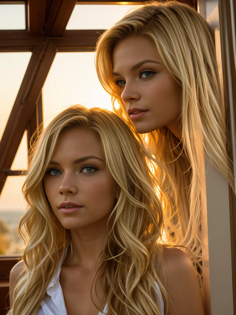 в фотореалистичном стиле, блондинка с длинными волосами стоит у окна комнаты и наблюдает за заходящим солнцем