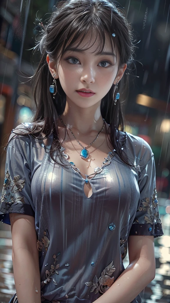 (RAW shooting, Photorealistic:1.5, 8k, highest quality, masterpiece, Ultra-high resolution), night, Expressions of sadness:0.7, (Typhoon heavy rain), Highly detailed skin and facial textures:1.3, Perfect dynamic composition:1.0, A slim high school girl wet with rain, Sexy beauty, Perfect Style, beautifully、aesthetic, Fair skin, Very beautiful face, (Rain dripping down on my body:1.0, Wet Hair:1.0, Wet casual clothes:1.0), Water droplets on the skin, Shapely breasts, Chest gap, Embarrassed smile, Her facial expression when she felt intense caressing, Facial expressions when feeling happy, (Beautiful erotic eyes, Beautiful, erotic lips), (Too erotic, Fascinating), necklace, Earrings, bracelet, Cowboy Shot, Perfect limbs, Perfect Fingers