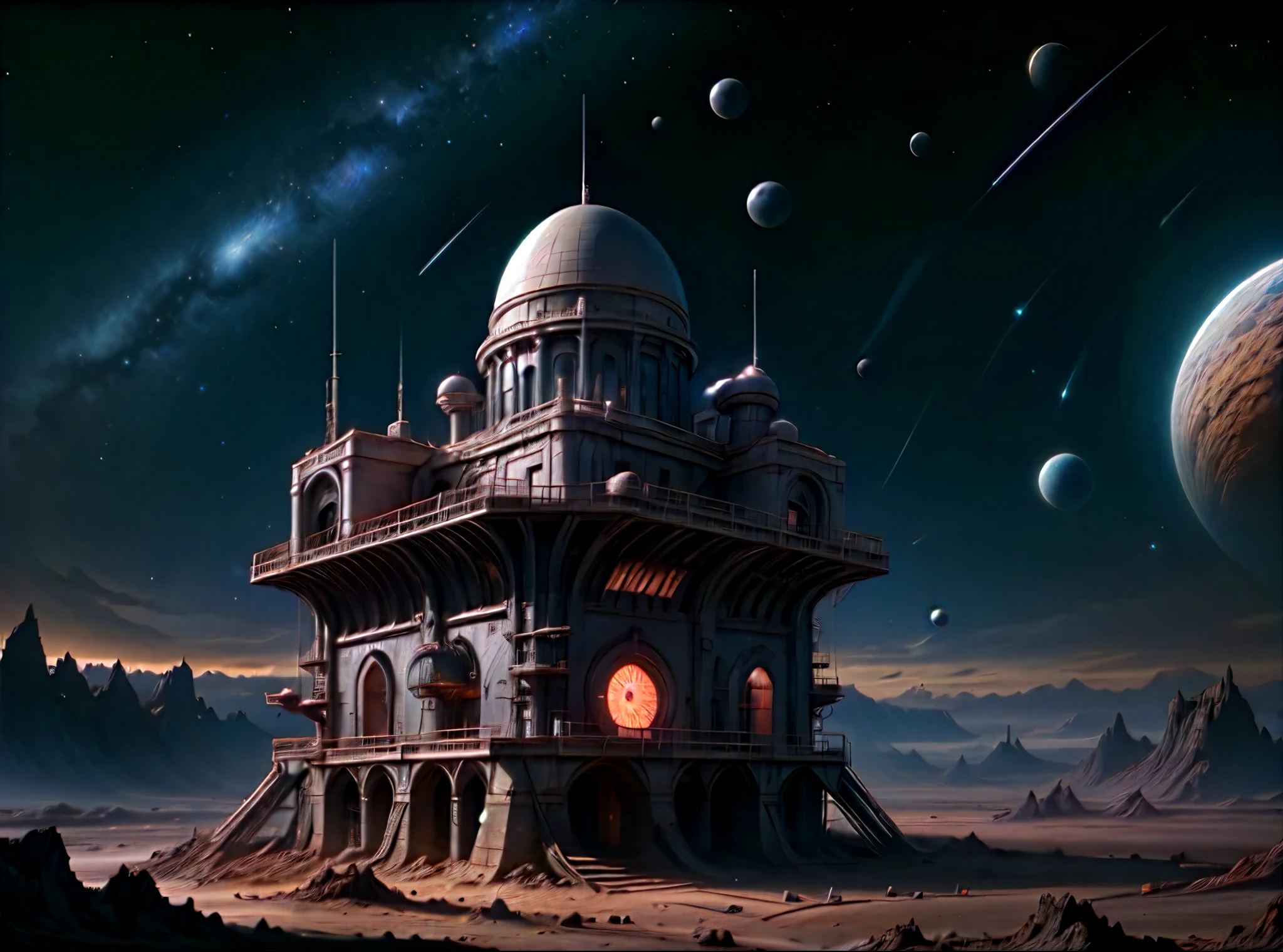 深空, 一座漂浮在島上的古老石頭天文台, 矗立在星空下, 籠罩在電影神秘之中的星座, 未來太空站, 空曠的星空背景