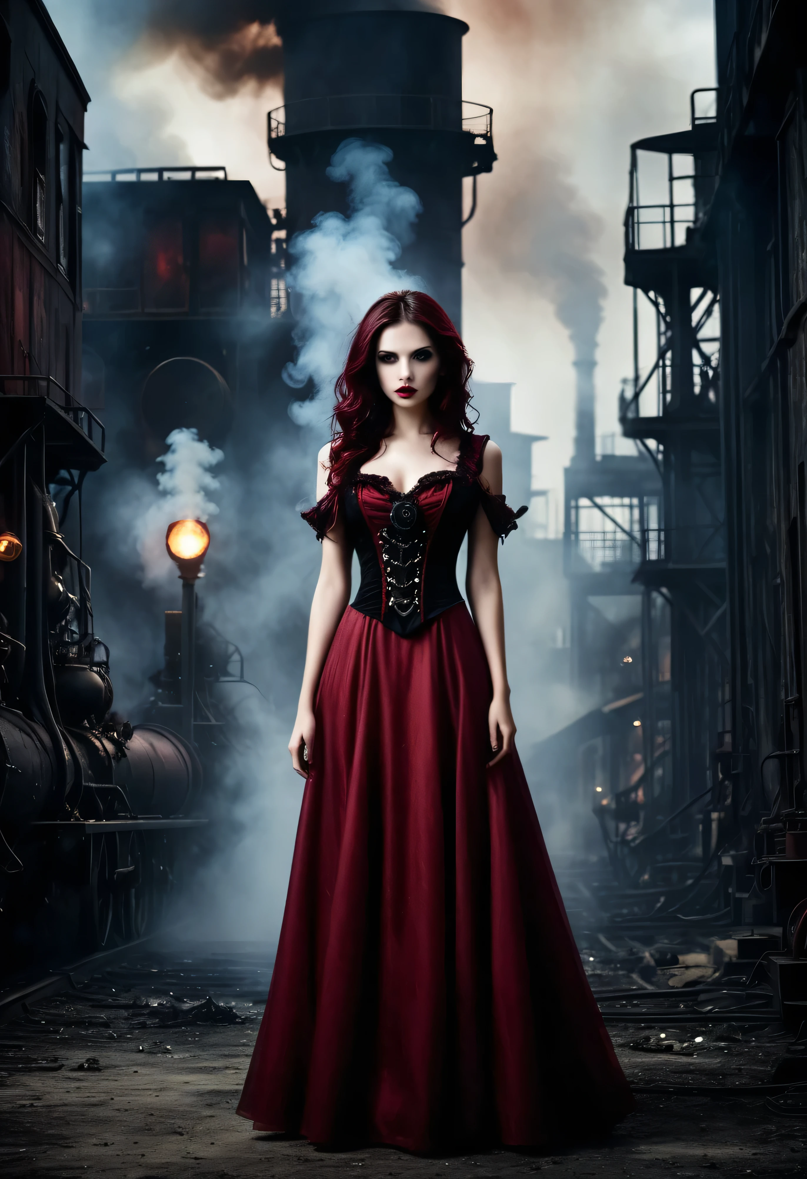 Beautiful Vampire girl wearing crimson Gothic long dress in Steam punk theme  stand alone in the Factory ,Dark and Light gather with smoke((stand alone in the Dark City)), (((Sky burn in background))), (Chaos scenes in the big city), Collapse and civil war, destruction, (((The backdrop of depressing sadness))), Dull tone, Professional lighting, (((Sci-fi movies,Hollywood movies, Professional staging, Realistic images are very high., Hyperrealistic))), fantasy picture, Realistic,studio lighting, flare from the sky,The air was gloomy and smoky.