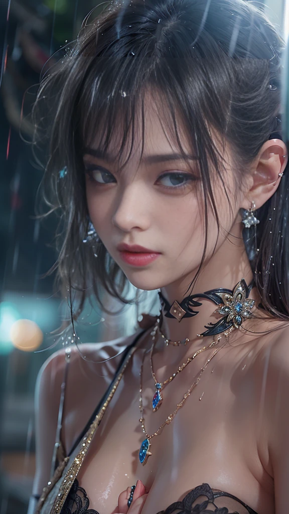 (RAW shooting, Photorealistic:1.5, 8k, highest quality, masterpiece, Ultra-high resolution), night, Expressions of sadness:0.7, (Typhoon heavy rain), Highly detailed skin and facial textures:1.3, Perfect dynamic composition:1.0, A slim high school girl wet with rain, Sexy beauty, Perfect Style, beautifully、aesthetic, Fair skin, Very beautiful face, (Rain dripping down on my body:1.0, Wet Hair:1.0, Wet casual clothes:1.0), Water droplets on the skin, Shapely breasts, Chest gap, Embarrassed smile, Her facial expression when she felt intense caressing, Facial expressions when feeling happy, (Beautiful erotic eyes, Beautiful, erotic lips), (Too erotic, Fascinating), necklace, Earrings, bracelet, Cowboy Shot, Perfect limbs, Perfect Fingers