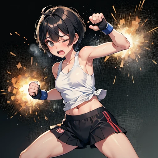 Cute Japanese high school girl with short cut, dark hair, drenched in sweat. Mixed martial arts gym. One eye tightly closed, fired up, screaming, hitting the sandbag as hard as she can. Out of breath, tank top, leggings, open finger gloves. Small breasts, poor belly, slender body, poor body.