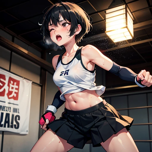 Cute Japanese high school girl with short cut, dark hair, drenched in sweat. Mixed martial arts gym. One eye tightly closed, fired up, screaming, hitting the sandbag as hard as she can. Out of breath, tank top, leggings, open finger gloves. Small breasts, poor belly, slender body, poor body.