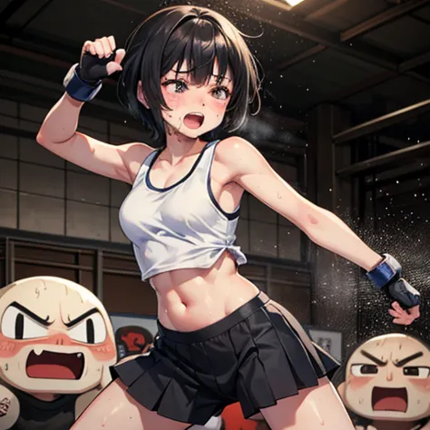 Cute Japanese high school girl with short cut, dark hair, drenched in sweat. Mixed martial arts gym. One eye tightly closed, fir...