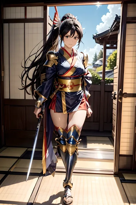 hold your sword high、anime character wearing a kimono, one girl, warrior,arms, sword, black hair, alone,round and large eyes,dee...