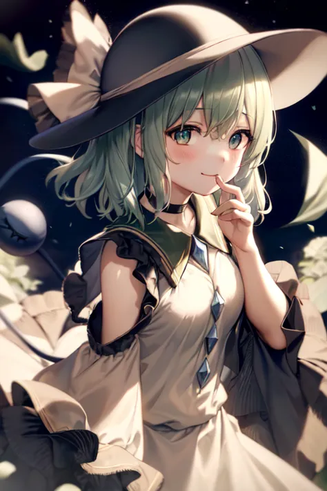 masterpiece, best quality, 1girl, solo, green eyes, komeiji koishi, hat, green hair, flower, blue flower, blue rose, rose, detac...