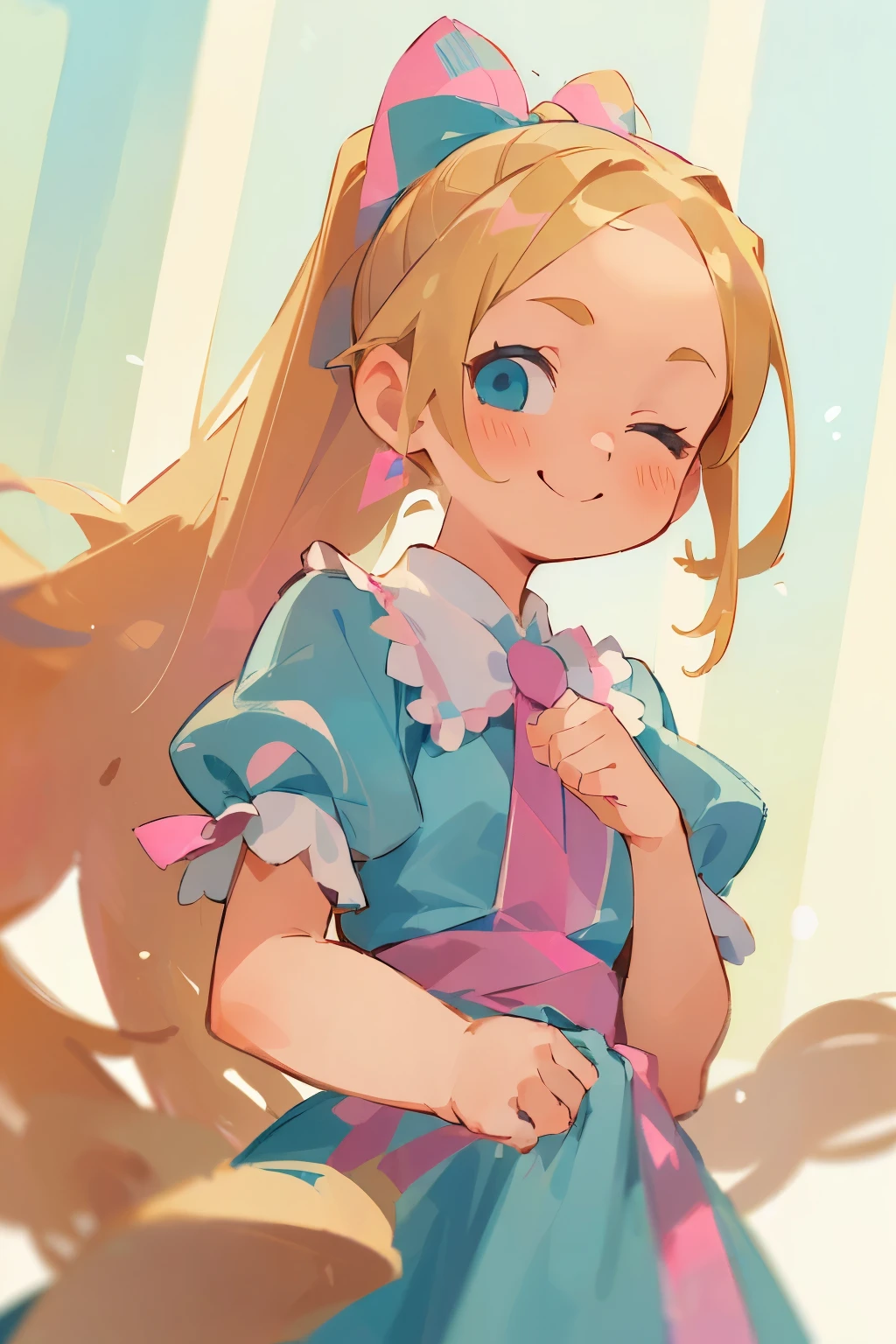 ((masterpiece, best quality), 1girl, solo, blonde hair, long hair, teal blue ribbon, ponytail, nine years old, blue eyes, ((pink dress)), puffy sleeves, white tube socks, no shoes, upper body, looking at viewer, light blush, smile, perky, eyes closed, cu