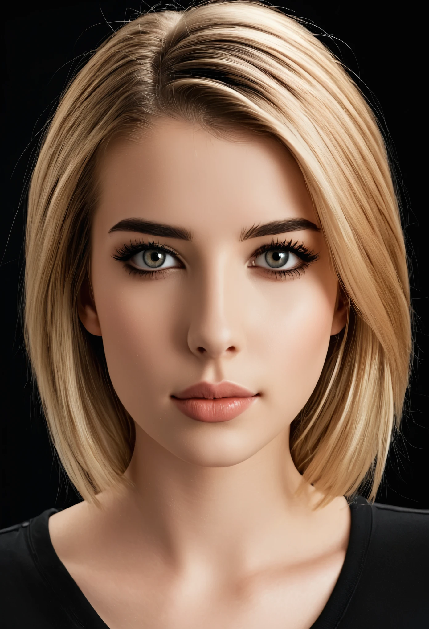 (highres,photorealistic)A girl with a black shirt, close up headshot, with beautiful detailed eyes and lips. She has long eyelashes that enhance her features. The lighting highlights her features and brings out the sharp focus of the image. The girl is positioned in a way that her face fills the frame, creating an intimate and captivating composition. The background is blurred, leaving all the attention on her. The overall color tone is warm and vibrant, with vivid colors that enhance the realism of the image. The image quality is of the highest caliber, with ultra-detailed rendering and a realistic depiction of the subject. The girl's expression and pose exude confidence and allure, adding depth to the portrait. The artwork is created using a combination of digital illustration and photographic techniques, resulting in a masterpiece.