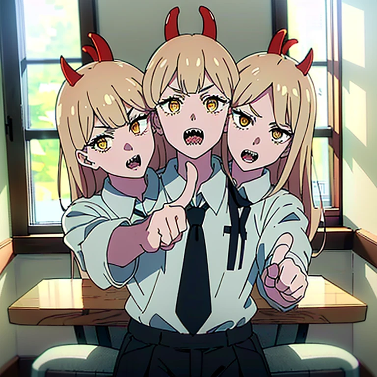 (3heads:1.9), masterpiece, (ultra detailed background, delicate pattern, intricate detail), (highly detailed, fine detailest quality, beautiful lighting, csm anime style, PowerV2, 1girl, solo, long hair, blonde hair, red horns, cross-shaped pupils, ( symbol-shaped pupils, hyperdetailed eyes, hyperdetailed pupils), yellow eyes, ((white shirt, collared shirt, black pants)), sharp teeth, complex detailed backgroubdm inside, window, dark lighting, medium hair, business suit, suit, open mouth , (pointing finger at viewer:1.5), ((cowbot shot)),