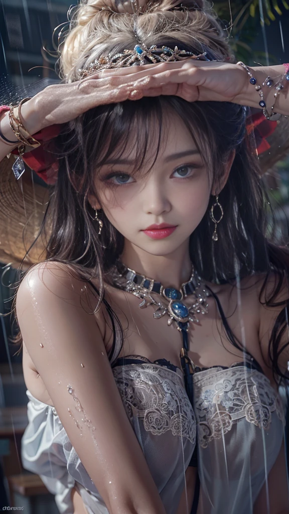 (RAW shooting, Photorealistic:1.5, 8k, highest quality, masterpiece, Ultra-high resolution), night, Expressions of sadness:0.7, (Typhoon heavy rain), Highly detailed skin and facial textures:1.3, Perfect dynamic composition:1.0, A slim high school girl wet with rain, Sexy beauty, Perfect Style, beautifully、aesthetic, Fair skin, Very beautiful face, (Rain dripping down on my body:1.0, Wet Hair:1.0, Wet casual clothes:1.0), Water droplets on the skin, Shapely breasts, Chest gap, Embarrassed smile, Her facial expression when she felt intense caressing, Facial expressions when feeling happy, (Beautiful erotic eyes, Beautiful, erotic lips), (Too erotic, Fascinating), necklace, Earrings, bracelet, Cowboy Shot, Perfect limbs, Perfect Fingers