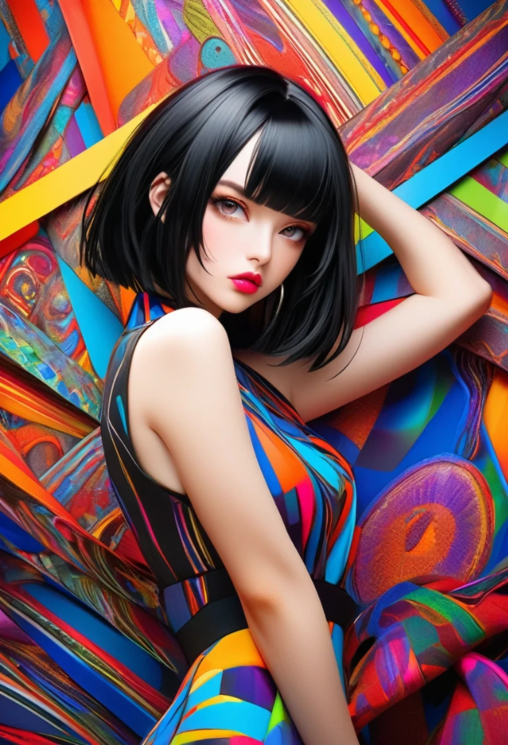 masterpiece, highest quality, 16k, unbelievably absurd, very detailed, perfect beauty, beautiful cute girl, in a beautiful pose, jet black hair, modern sauvage bob hair, through bangs, vibrant colors,raw photo, portrait