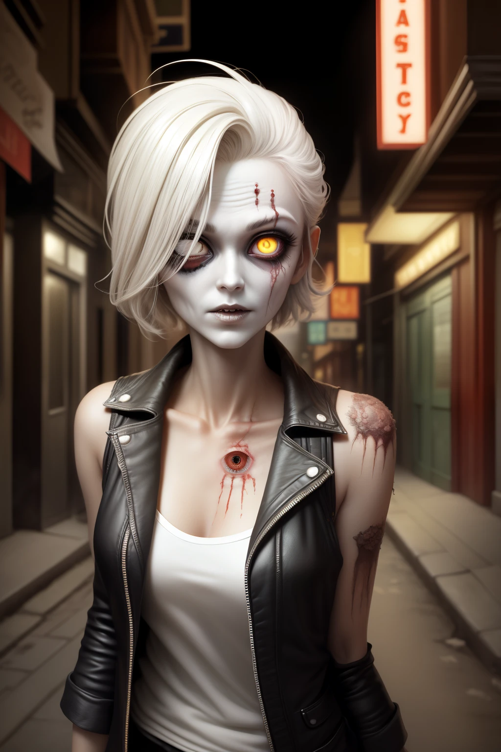 ((This is a fantasy image of an attractive blind female zombie.)) A ((blind)) zombie with (((pure whiteeyes))) is standing a cyberpunk alley. There are neon signs in the alley. ((The blind zombie's face is critically important and includes puffy lips and realistic features.)) The blind zombie is wearing colorful torn clothing with dirt on skin. best quality, masterpiece, (((whiteeyes))), blank eyes, milky white eyes, ((rendered eyes)), (featureless eyes)