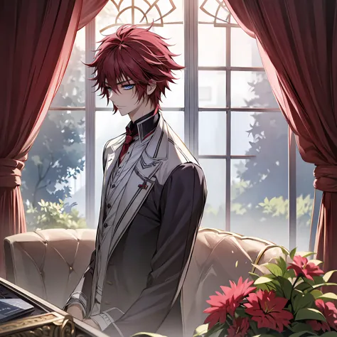 (absurdres, highres, ultra detailed, hdr), masterpiece, best quality, senri shiki, 1man, solo, handsome, red hair, vibrant blue ...