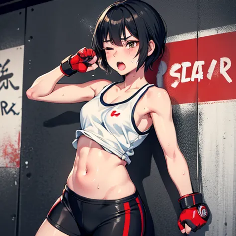 cute japanese high school girl with short cut, dark hair, drenched in sweat. mixed martial arts gym. one eye tightly closed, fir...