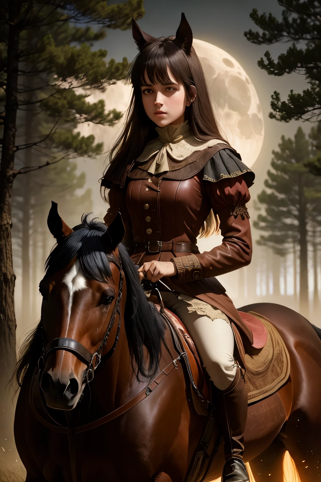 fille monte à cheval (best quaalluméy,haute résolution:1.2),Ultra-détaillé,réaliste,clair de lune,allumé ,brume dense,terriblement beau,arbres tordus,
