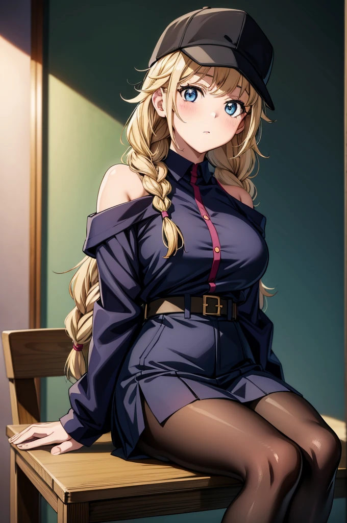 an anime style female séance in a chair in a room, wearing a a and a-trimmed veste, 1fille, collants, seulement, tresser, seins, thighband collants, yeux bleus, a, chemise, séance, jupe, cheveux longs, veste, large seins, twin tressers, white chemise, à l&#39;intérieur, regarder le spectateur, Rougir, open veste, cheveux blond, hors épaule, black collants, manches longues, chaussures noires, casquette de baseball, frange