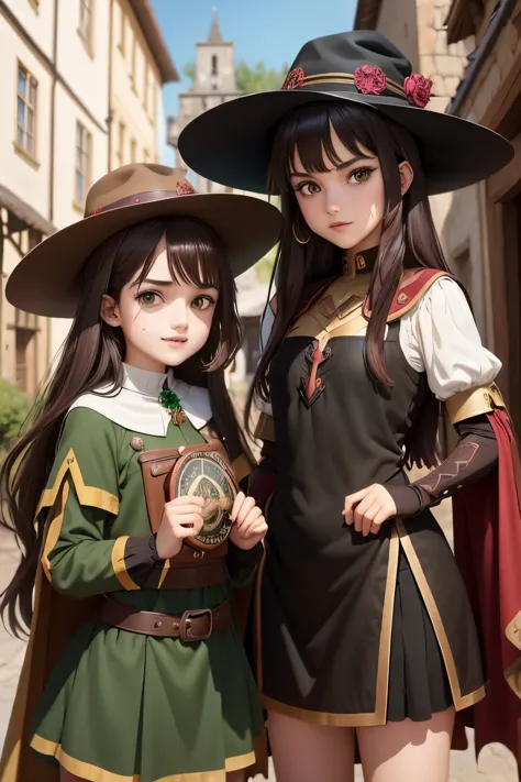 Megumin archimage and her daughter 13 years old Esmeralda archmage's apprentice (Have brunette color hair and dark green eyes, w...