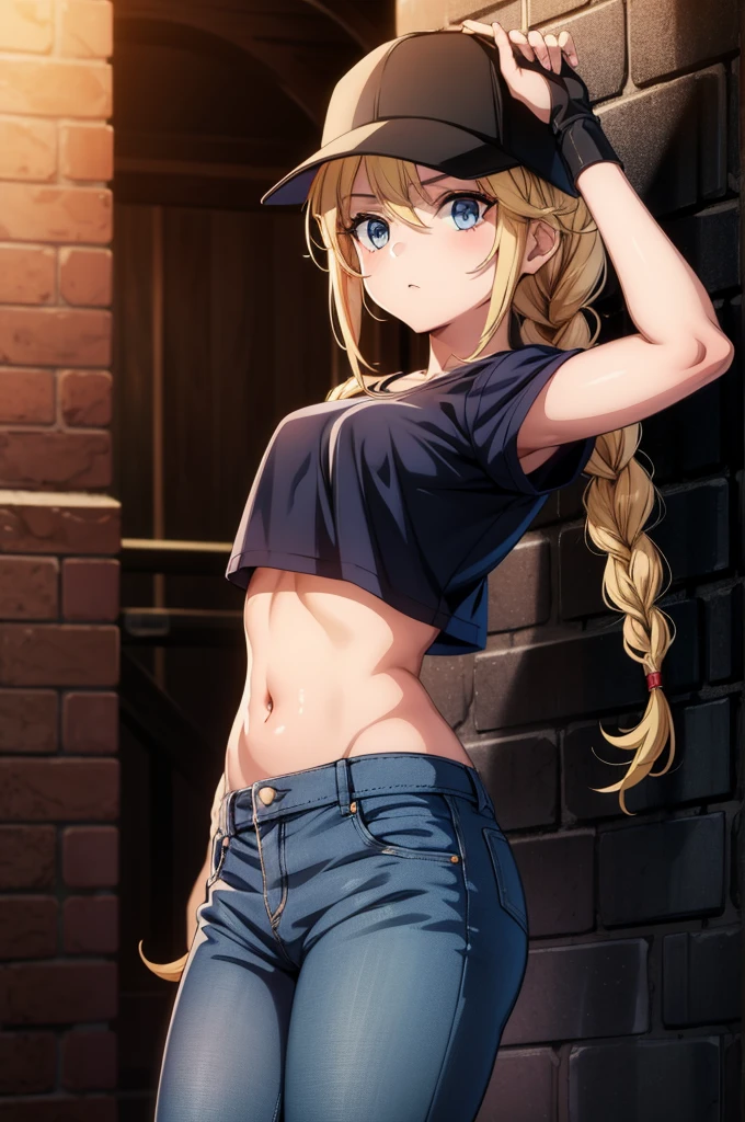 a very sexy anime girl standing against a brick wall with a hat on, 1girl, solo, hat, crop top overhang, baseball cap, crop top, navel, short sleeves, blue eyes, stomach, shirt, braid, long hair, twin braids, black shirt, black headwear, looking at viewer, midriff, brick wall, breasts, denim, arm up, ponytail, blonde hair, pants, sidelocks
