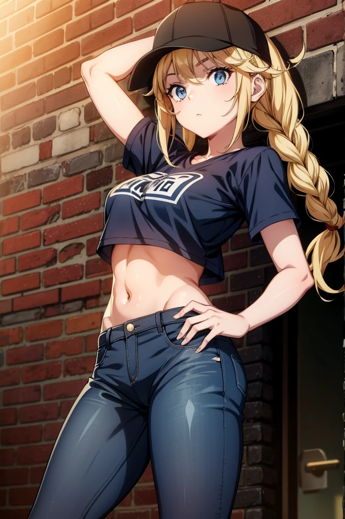 a very sexy anime girl standing against a brick wall with a hat on, 1girl, solo, hat, crop top overhang, baseball cap, crop top, navel, short sleeves, blue eyes, stomach, shirt, braid, long hair, twin braids, black shirt, black headwear, looking at viewer, midriff, brick wall, breasts, denim, arm up, ponytail, blonde hair, pants, sidelocks