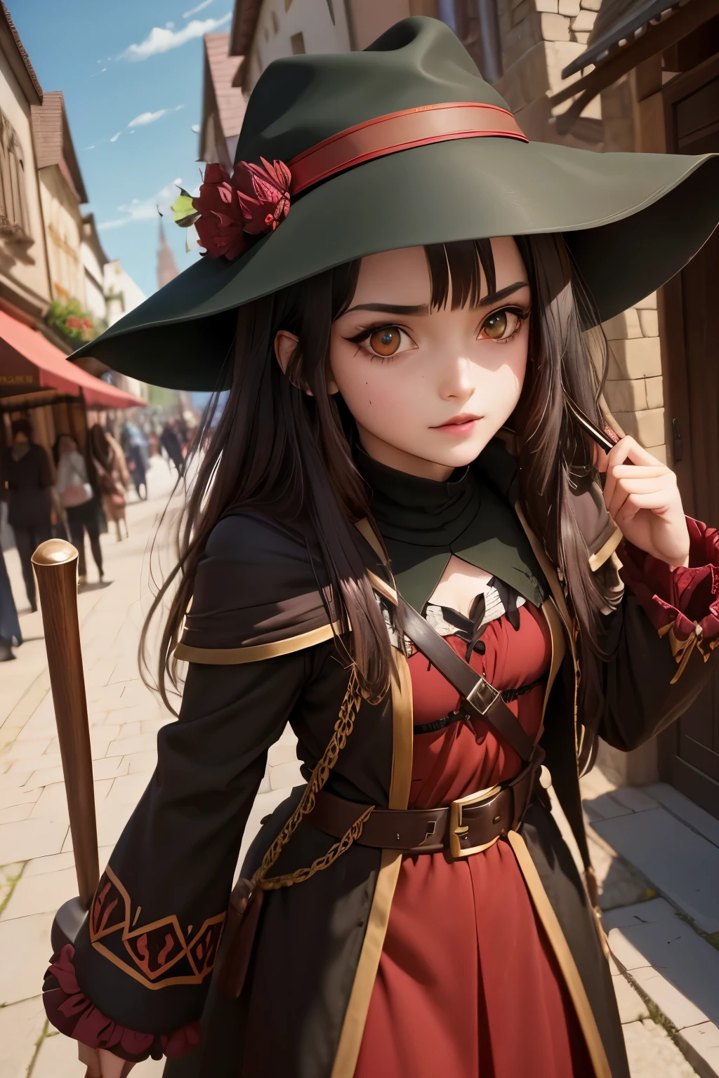 Megumin archimage /tener cabello negro y ojos rojos) y su hija de 13 años, Esmeralda, aprendiz de archimaga. (Tiene cabello color castaño y ojos verde oscuro.), usando sombreros de brujo, ciudad medieval, luchar contra el enemigo,