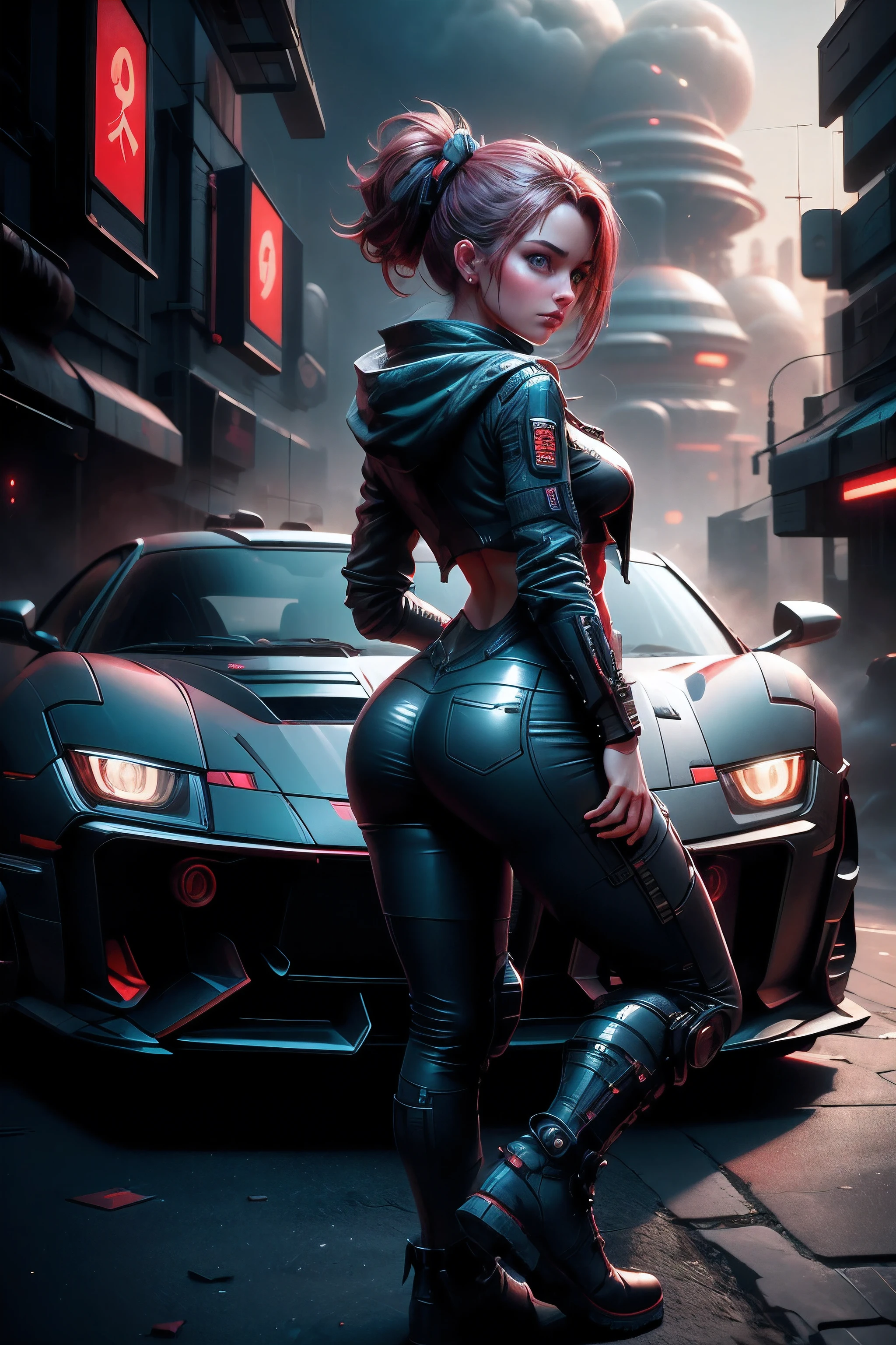 (Tir lointain :1.2), Meilleure qualité, 4k, haut de gamme, Ultra fin: 1.2), Réaliste,a girl standing in front of a futuriste sports car in a city with red lights, Bottes en cuir, détails riches, Gros cul, mignon 3D, portrait complet du corps, (vision :1.2),
lentille Grand angle, Bastien Grivet, futuriste. Jeu CG, style artistique de sylvain sarrailh, art conceptuel numérique, peinture mate au néon cinématographique, voiture cyberpunk,Le ciel lointain et le vaisseau spatial dans le ciel