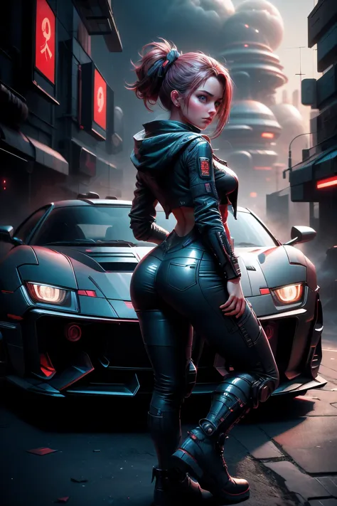 (long shot :1.2), Best quality, 4k, high-end, ultra fine: 1.2), realistic,a girl standing in front of a futuristic sports car in...