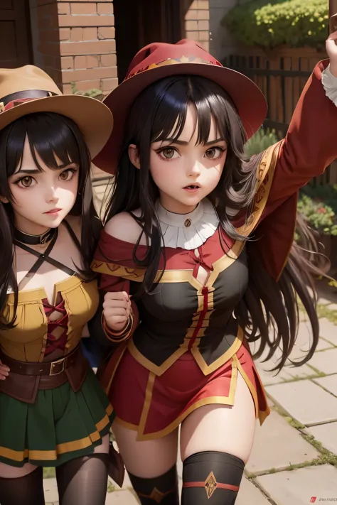 Megumin archimage /have black hair and red eyes) and her daughter 13 years old Esmeralda archmage's apprentice (Have brunette co...