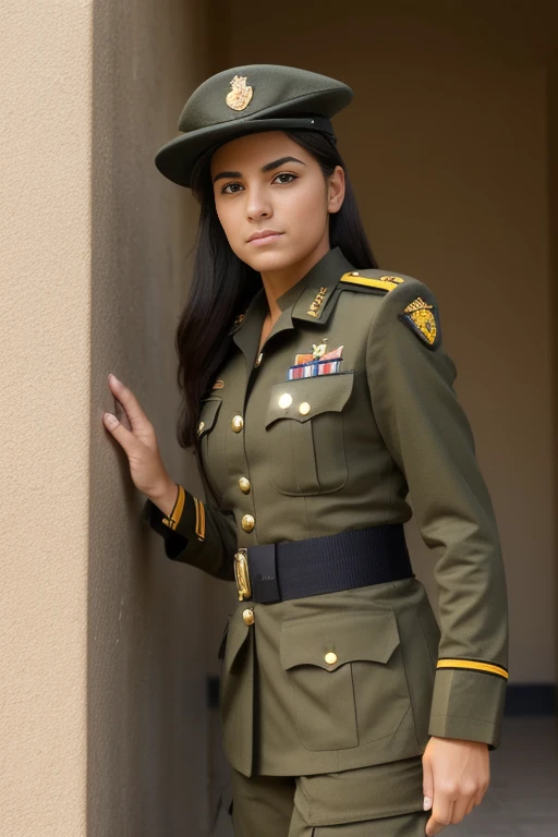 Mujer en uniforme posando para una foto frente a una pared, chica militar, beautiful female soldado, infantry girl, soldado girl, wearing a uniforme militar, wearing uniforme militar, portrait of a female soldado, portrait of soldado girl, militar, Army Uniform, soldado, wearing dirty soldado uniform, in a soldado uniform, in uniform, uniforme militar.