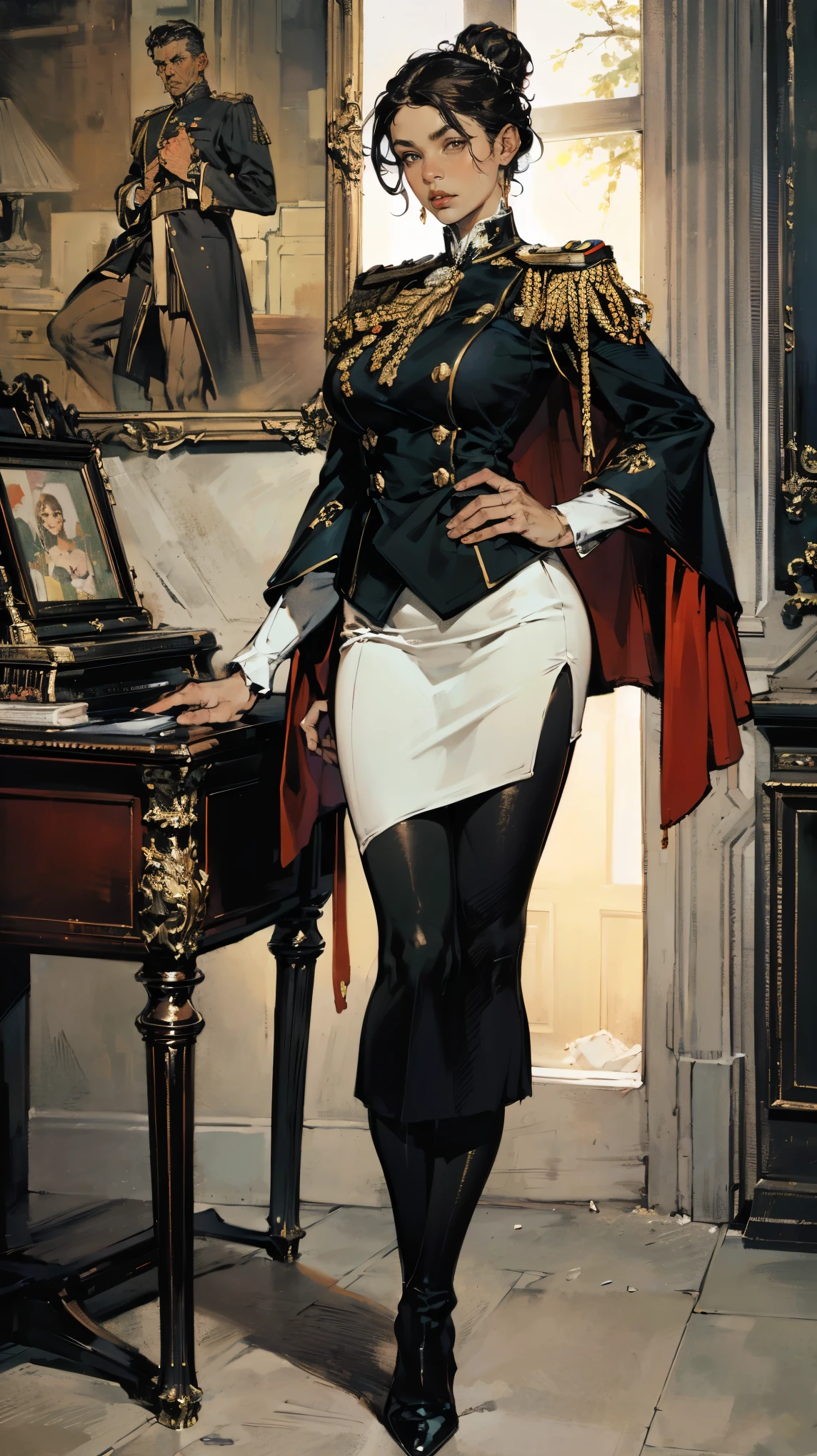 (Meilleure qualité, 4k, haute résolution, chef-d&#39;œuvre, ultra-détaillé, anatomie réaliste, photo-réaliste:1.37), Séduisante femme mûre, officier militaire de haut rang, (portant l&#39;uniforme du maréchal prussien), (veste noire à double boutonnage ornée de médailles), (Jupe crayon assortie), (cape d&#39;épaule assortie), Casquette de maréchal prussien, bas noir, très bottes, Cheveux chatains, élégamment coiffé en chignon, debout avec autorité tout en tenant le bâton du maréchal, Ce portrait complet du corps capture sa formidable présence et sa puissance., avec une attention particulière aux détails complexes de son uniforme, ses nombreuses médailles, et son regard intense, L&#39;image évoque une aura d&#39;expérience, discipline, et autorité suprême, dans un décor impressionnant de quartier général militaire,