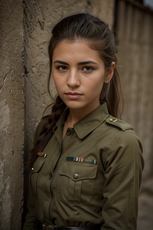 Mujer en uniforme posando para una foto frente a una pared, chica militar, beautiful female soldado, infantry girl, soldado girl, wearing a uniforme militar, wearing uniforme militar, portrait of a female soldado, portrait of soldado girl, militar, Army Uniform, soldado, wearing dirty soldado uniform, in a soldado uniform, in uniform, uniforme militar.