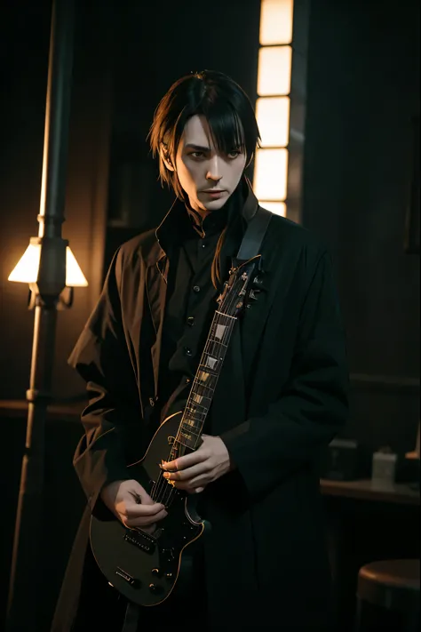 hard gothic band style、peter murphy、bauhaus、electric guitar、play the guitar、gothic、male、dark world、black metal world、black suit、...