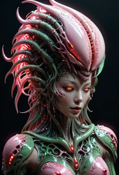 (best quality,4k,8k,highres,masterpiece:1.2), ultra-detailed, (realistic,photorealistic,photo-realistic:1.37), (((There is a female genital-like organ on her head:1.7))), (There's a pussy on her forehead]1.3), 1 scary creature, otherworldly, Lovecraftian, chitinous skin, bioluminescent patterns, somber color palette, eerie lighting.(NSFW:1.4), white, pink, green, very sharp long red claws, (She has bioluminescent all over her body:1.3), (NSFW:1.5), fractal, tangle, entangle, zentangle, destroyed anatomy, (extremely thin waist:1.2), ferocious predator,