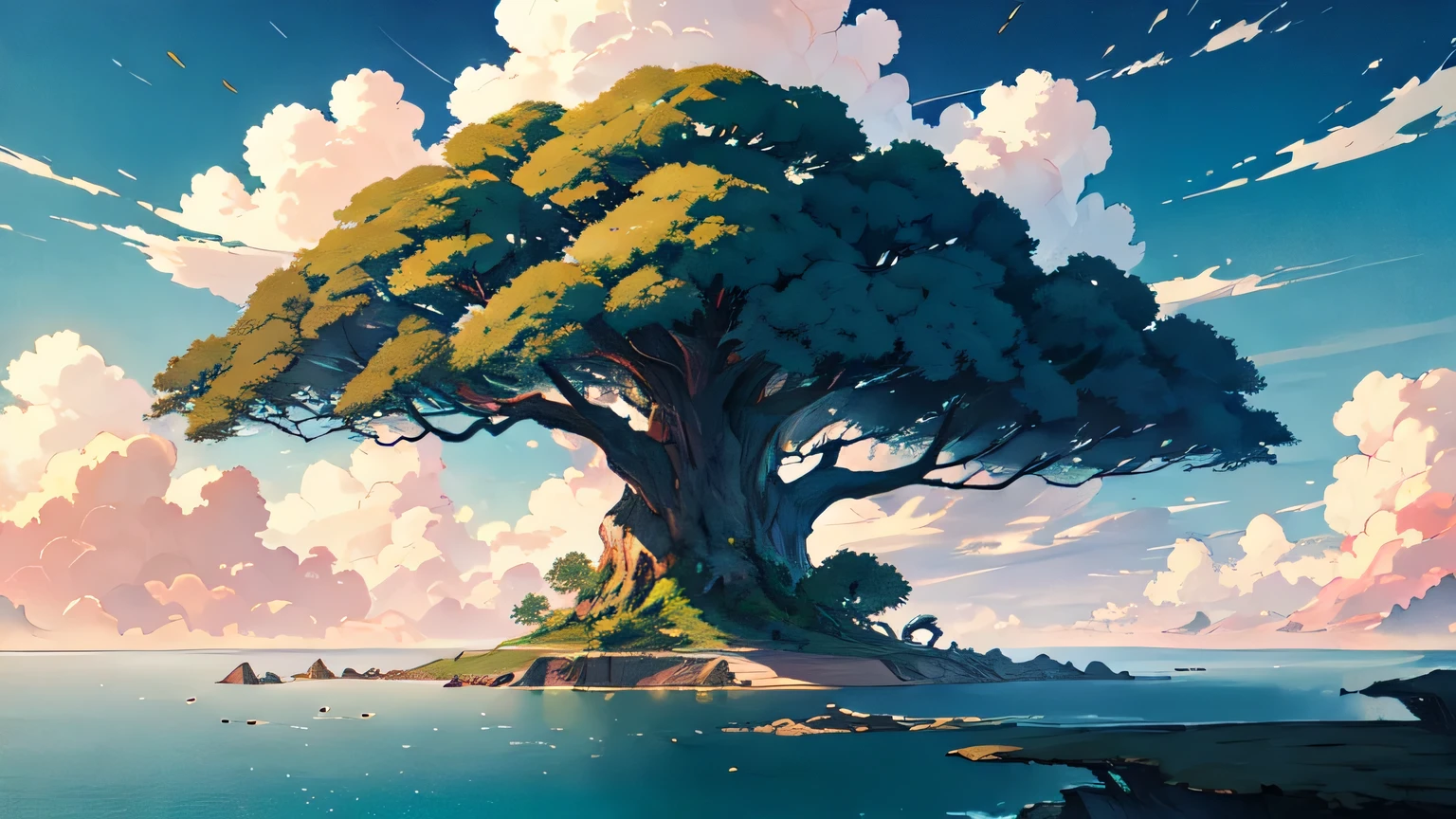  huge tree Yggdrasil,magnificent overlooking view, cloud ocean below,  perfect magnificent background world, dutch angle, ink painting style