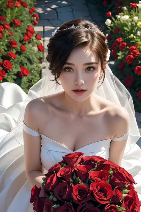 background and model as is, beautiful woman holding a bouquet of red roses, wearing a wedding dress,  magazine pose, rose fence,...