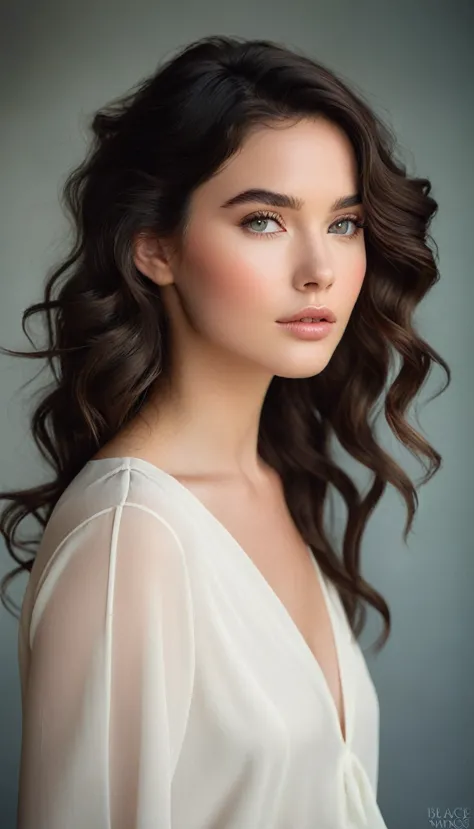 the image captures a moment of quiet elegance, featuring a young woman with a gentle expression. her hair, styled in loose waves...