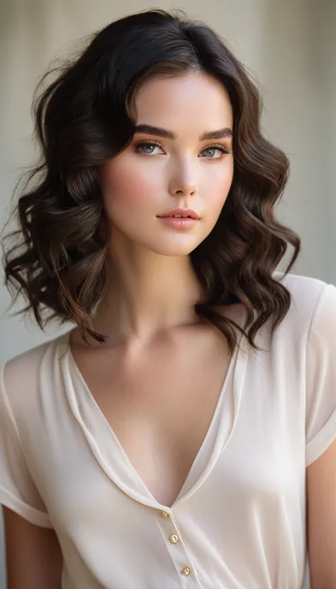 the image captures a moment of quiet elegance, featuring a young woman with a gentle expression. her hair, styled in loose waves...