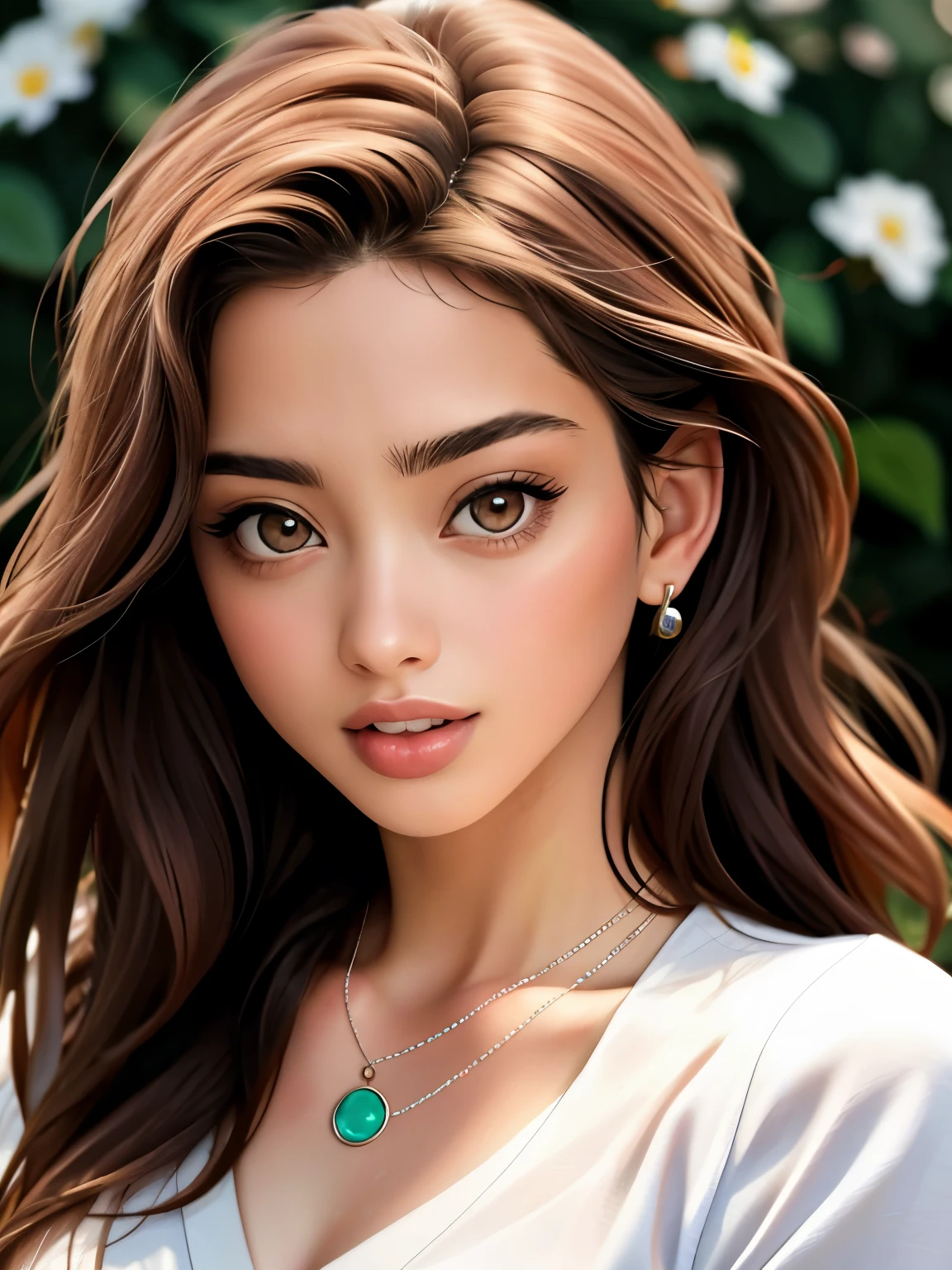 Realistic photo of a beautiful l1z4k woman, 1girl,solo,long hair,looking at viewer,brown hair,brown eyes,jewelry,flower,parted lips,teeth,necklace,blurry,lips,blurry background,portrait,realistic, soft lighting, professional Photography, Photorealistic, detailed, RAW, analog, sharp focus, 8k, HD, high quality, masterpiece