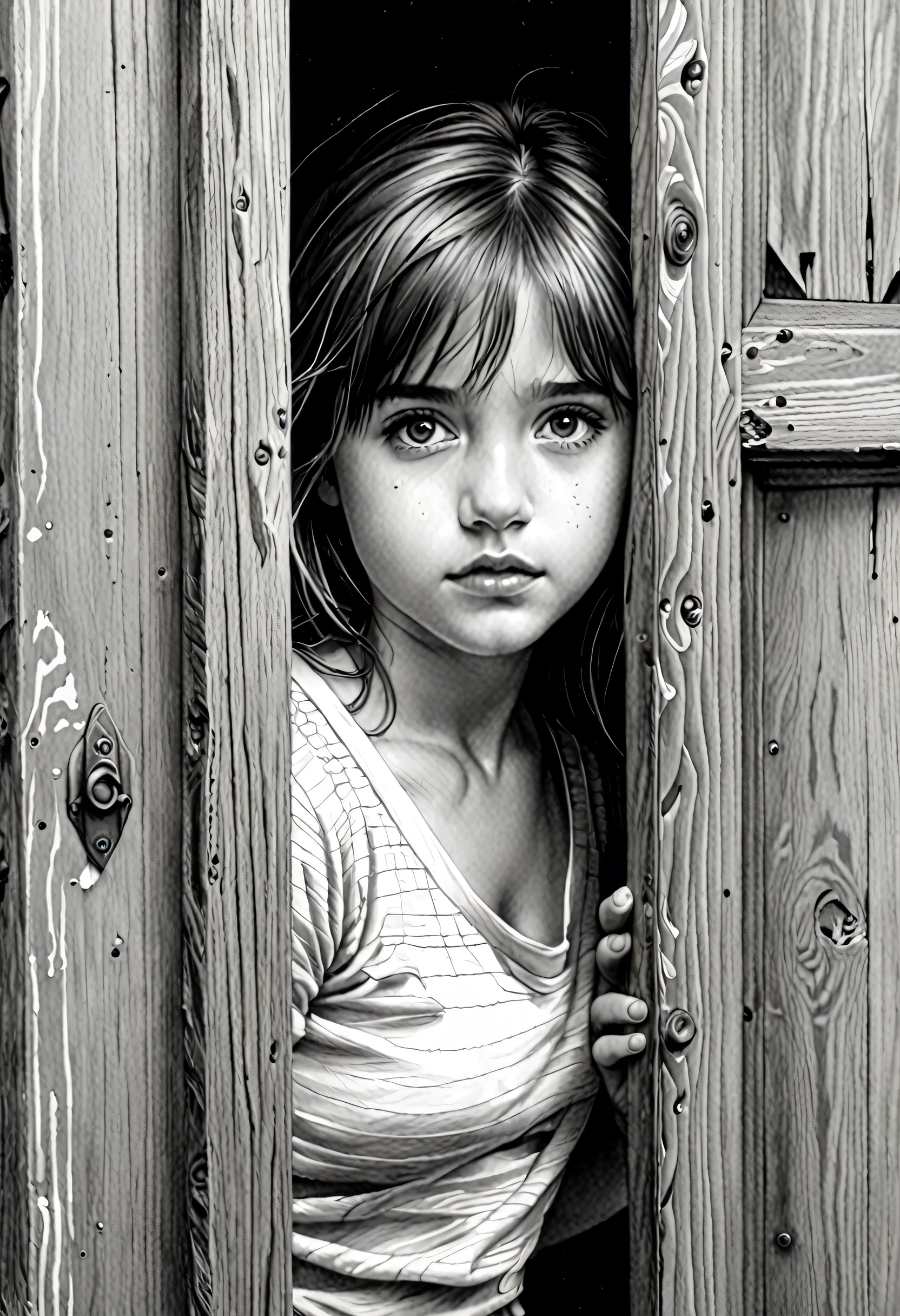 (Pencil_Sketch:1.2, messy lines, greyscale, traditional media, sketch),1 European girl，1 eyes，(A slanted broken wooden door with only a slanted gap，The girl&#39;s eyes are exposed through the crack of the door)，These are the traces of her battles。aggrieved look，in tears，Showing her fear and cowardice。Every detail about her makes us curious about her story，blue，red palette，Strong contrasting colors，