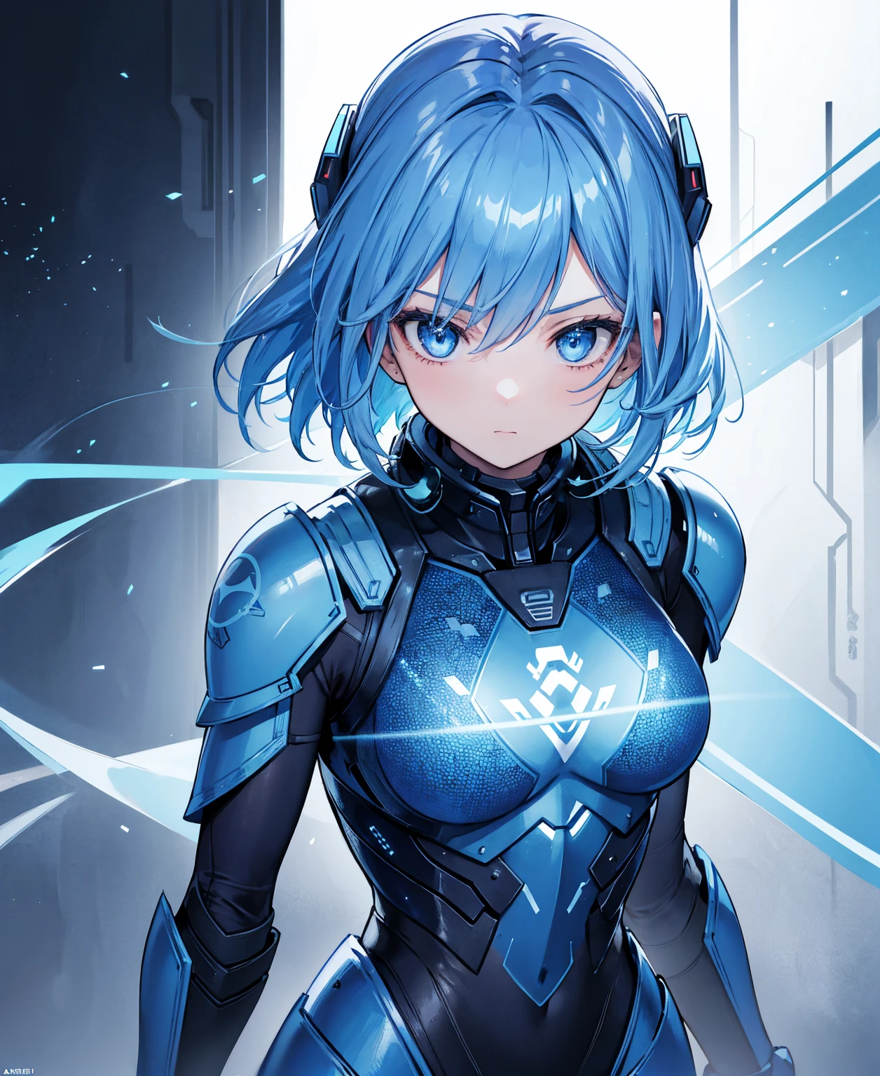 8k, highest quality, (real:1.4), Original photo, 1 girl, Asari Hair, Biological Amplifier, refined armor, posture: Peace talks between warring factions, smart blue eyes
