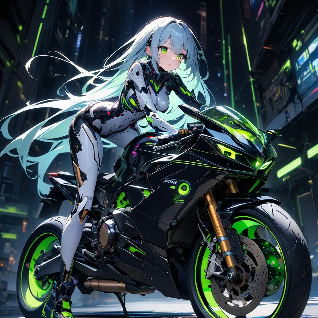 High quality, high definition images, full HD、
8k.(1 white long hair ai cyborg girl )、(black on white cyborg body) , many mechanisms are visible,Many green lights on the exterior、Riding a modern bike、black bike on a white background,green light on the exterior